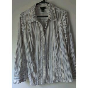 Lane Bryant Women's Plus Button Down White/Brown Striped Long Sleeve Size 18/20W